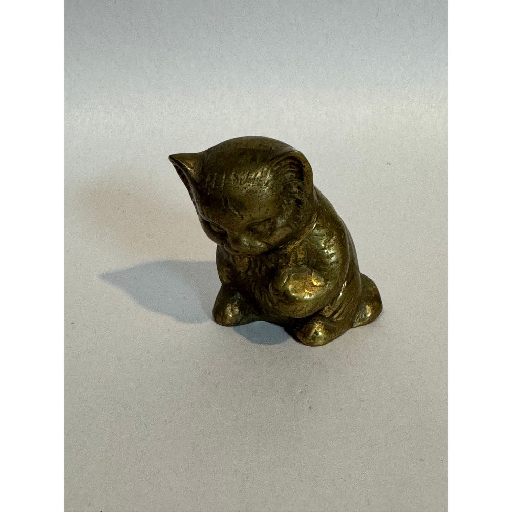 Vintage Brass Cat Figurine Miniature Sitting Kitten Statue Gold Tone Decor
